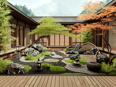 Traditional Japanese Courtyard Garden With Stone Lanterns Moss Maple Tree And Wooden Deck 3d model