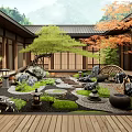Traditional Japanese Courtyard Garden With Stone Lanterns Moss Maple Tree And Wooden Deck