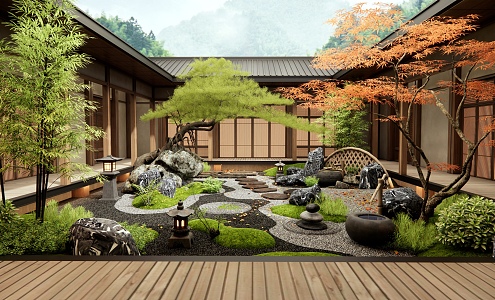 Japanese Zen Courtyard Landscape Atrium Landscaping Indoor Plant Landscape Stone Tingbu Pine Red Maple 3d model