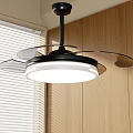 Modern Ceiling Fan Light in Room With Wooden Walls and White Blinds