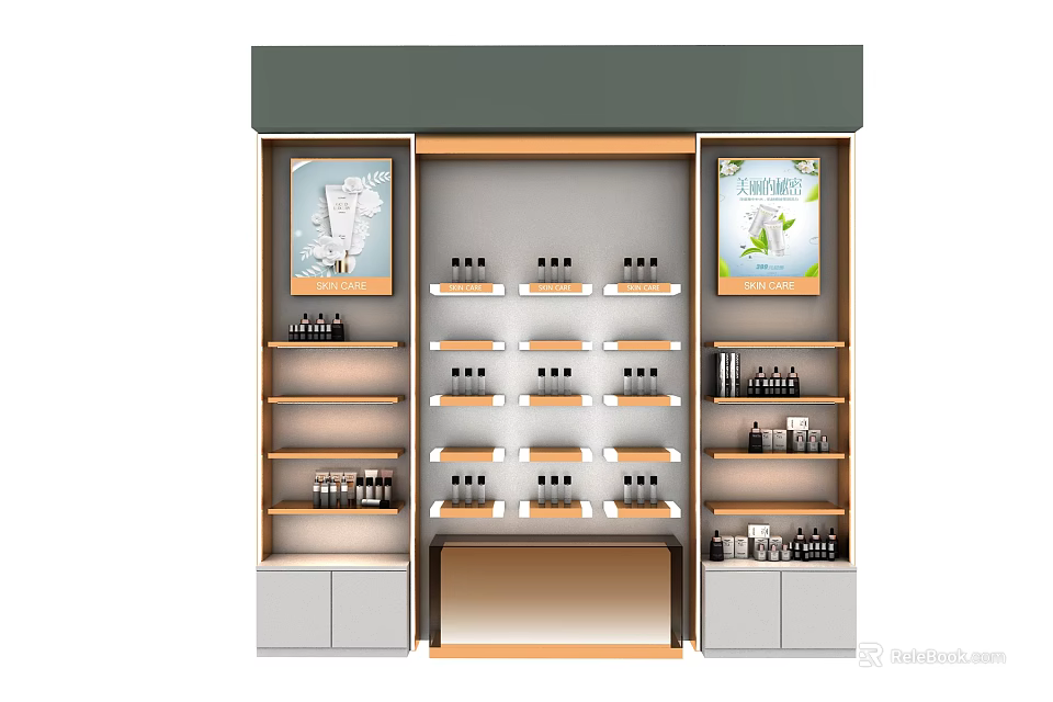 Modern Retail Display Shelves With Wooden Frame Green Top Side Posters And Products 3d model 
