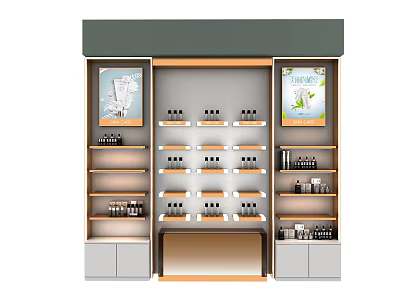 Modern Retail Display Shelves With Wooden Frame Green Top Side Posters And Products 3d model