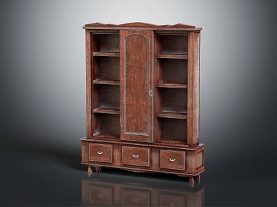 Traditional Brown Wooden Display Cabinet With Single Door Multiple Shelves And Bottom Drawers 3d model