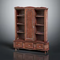Traditional Brown Wooden Display Cabinet With Single Door Multiple Shelves And Bottom Drawers