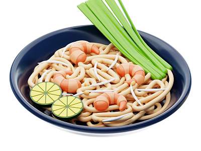 Delicious Noodles With Shrimp Bean Sprouts Lemon Slices And Green Onions In Blue Bowl 3d model