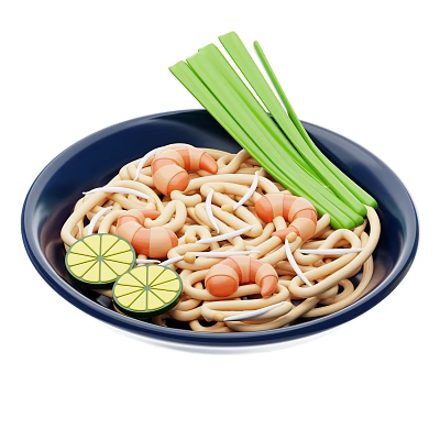 Delicious Noodles With Shrimp Bean Sprouts Lemon Slices And Green Onions In Blue Bowl 3d model