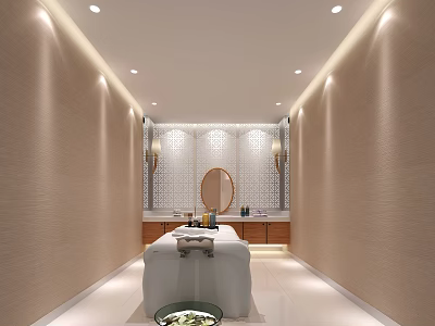 Elegant SPA Sauna Interior Design With Massage Bed Mirror Wooden Cabinets And Lighting 3d model