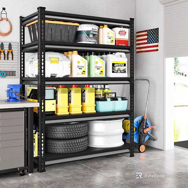 Organized Garage Space With Metal Shelving Storage Containers Tires Tools And Garden Gear 3d model 