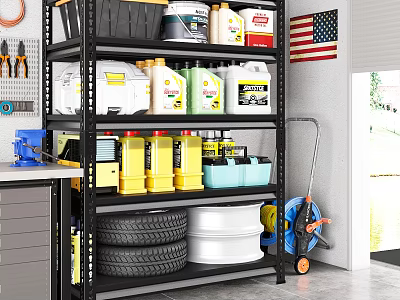 Organized Garage Space With Metal Shelving Storage Containers Tires Tools And Garden Gear 3d model