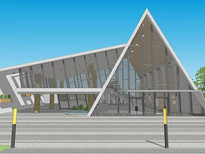 Modern Sales Office Building With Triangular Glass Facade Wooden Frame And Spacious Entrance Area 3d model