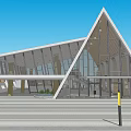 Modern Sales Office Building With Triangular Glass Facade Wooden Frame And Spacious Entrance Area