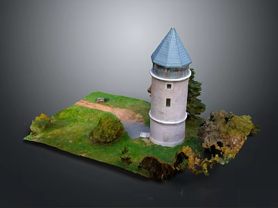 White Stone Tower With Blue Conical Roof On Green Grass With Path And Trees 3d model