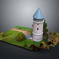 White Stone Tower With Blue Conical Roof On Green Grass With Path And Trees