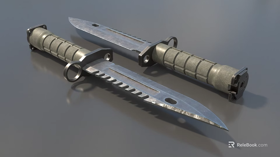Military Combat Daggers With Serrated Blades Metal Handles And Hoop Rings 3d model 
