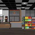 Supermarket Interior With Bright Lighting Organized Shelves Full Of Snacks Beverages Coffee Station And Counter