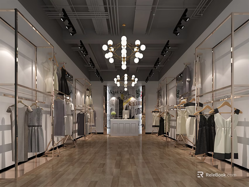 Modern Stylish Clothing Store Interior With Hanging Dresses Racks And Wooden Flooring 3d model 