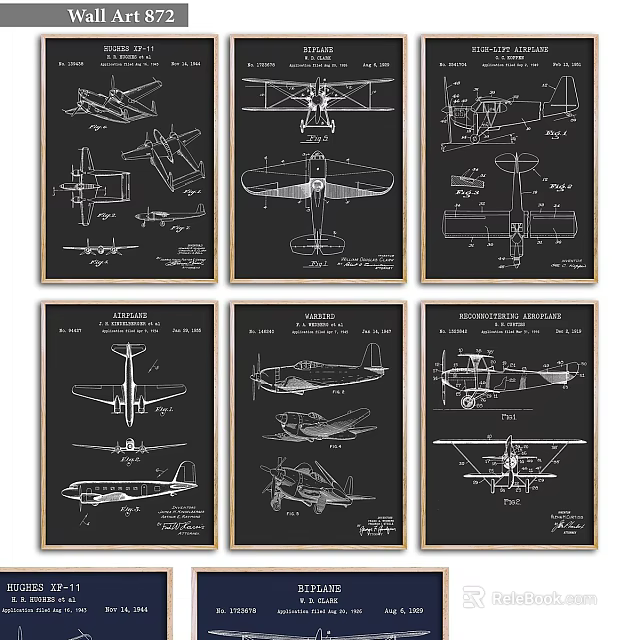 Vintage Airplane Blueprint Photo Wall With Multiple Framed Aircraft Designs 3d model 