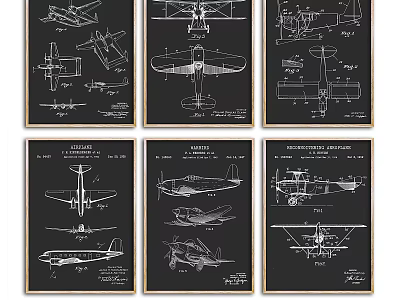 Vintage Airplane Blueprint Photo Wall With Multiple Framed Aircraft Designs 3d model