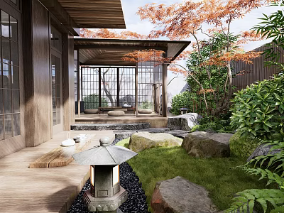 Tranquil Courtyard Garden With Wooden Pavilion Stone Lantern Natural Rocks And Lush Greenery 3d model