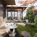 Tranquil Courtyard Garden With Wooden Pavilion Stone Lantern Natural Rocks And Lush Greenery