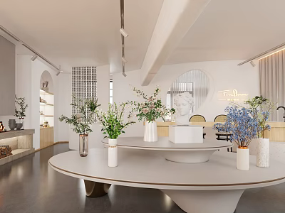 Modern Boutique Store Interior With Round White Table Vases Green Blue Flowers And Round Mirror 3d model