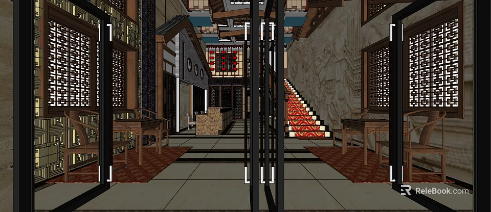 Traditional Chinese Style Hotel Lobby With Carved Wooden Windows Red Carpet Staircase And Reception Desk 3d model 