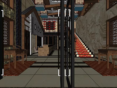 Traditional Chinese Style Hotel Lobby With Carved Wooden Windows Red Carpet Staircase And Reception Desk 3d model