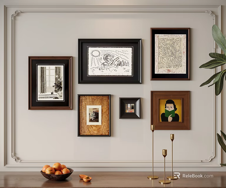 Photo Wall Decor With Multiple Framed Artworks And Various Style Photos In Living Room 3d model 