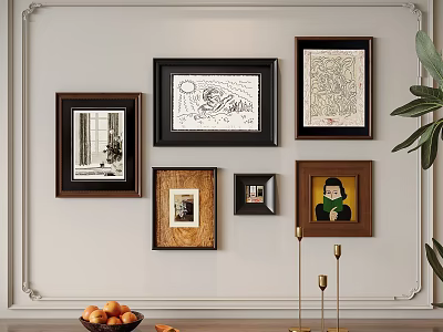 Photo Wall Decor With Multiple Framed Artworks And Various Style Photos In Living Room 3d model