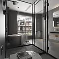 Modern Luxury Dark Tone Bathroom With Glass Shower Enclosure And Freestanding Bathtub Beside Large Window
