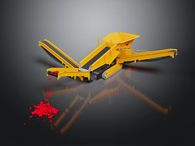 Yellow Industrial Crushing Vehicle With Conveyor Belts And Red Crushed Materials 3d model