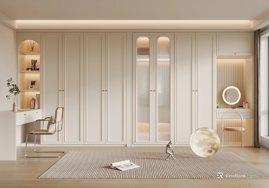 Modern White Wardrobe With Glass Doors In Minimalist Bedroom Interior Design 3d model 