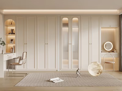 Modern White Wardrobe With Glass Doors In Minimalist Bedroom Interior Design 3d model