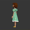 Cute Child Wearing Green Dress With White Star Patterns White Collar And Yellow Shoes