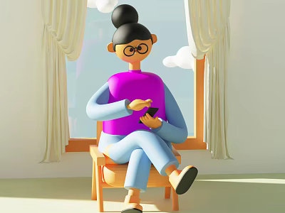 Seated Cartoon Character In Purple Top Blue Pants Using Smartphone By Window With Curtains 3d model