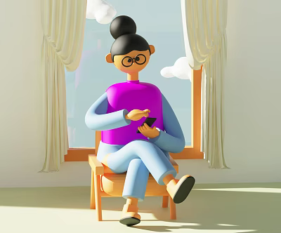 Seated Cartoon Character In Purple Top Blue Pants Using Smartphone By Window With Curtains 3d model