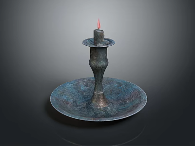 Elegant Bronze Candlestick With Lit Candle And Ornate Round Base Design 3d model