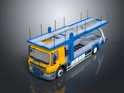 Double Deck Car Transport Functional Vehicle With Yellow Blue Color And Upper Lower Loading Platforms 3d model