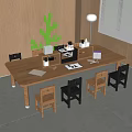 Wooden Kids Study Desk with Various Colored Chairs Stationery Green Tree Decor and Floor Lamp