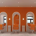 Modern Hair Salon Interior With Orange Chairs Arched Mirrors And Gray Sofa