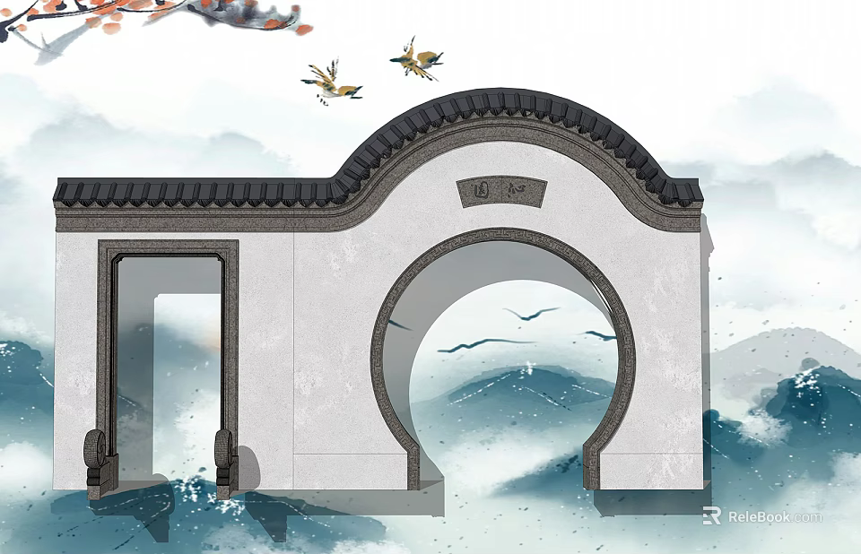 Traditional Building Exterior Wall With Archway Gray Tiles And Landscape Background Design 3d model 