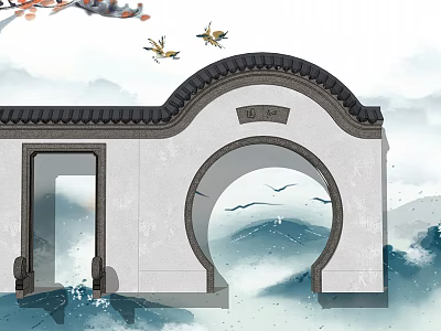 Traditional Building Exterior Wall With Archway Gray Tiles And Landscape Background Design 3d model
