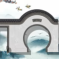 Traditional Building Exterior Wall With Archway Gray Tiles And Landscape Background Design