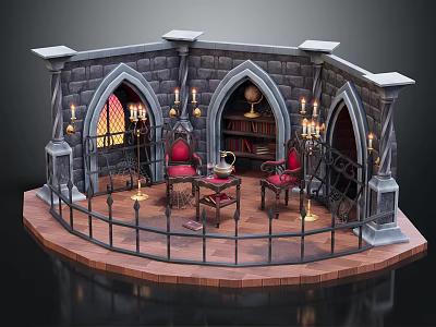 Cartoon Medieval Scene with Stone Walls Arched Windows Bookshelf Red Chairs and Candelabras 3d model