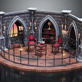 Cartoon Medieval Scene with Stone Walls Arched Windows Bookshelf Red Chairs and Candelabras