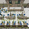 Café Interior Design With Blue Green Chairs Wooden Slat Partition Hanging Lights And Open Space