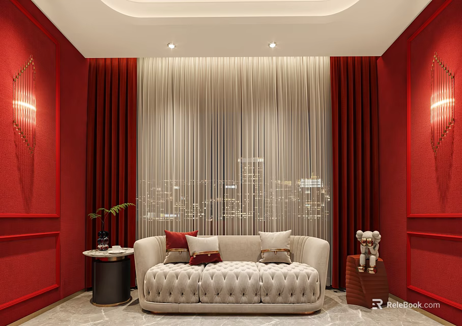 Red Curtains and Beige Sheer Curtains in Interior with Beige Sofa and City Night View 3d model 