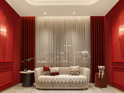 Red Curtains and Beige Sheer Curtains in Interior with Beige Sofa and City Night View 3d model