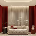 Red Curtains and Beige Sheer Curtains in Interior with Beige Sofa and City Night View