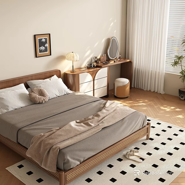 Cozy Bedroom Interior With Wooden Headboard Gray Bed Sheets Throw Pillow And Black White Rug 3d model 
